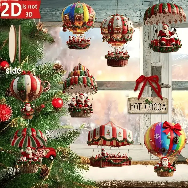 Christmas Wooden Air Balloon Santa Claus 2D Flat Pendant Tree Vue