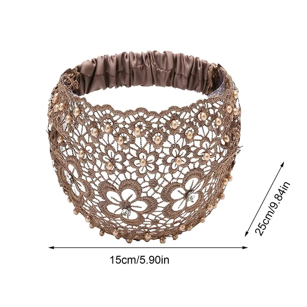 15x25CM Lace Headband Wide Floral Pearl Elastic Hair Scarf Sweat Wicking Hair Accessories for Women Yoga Gym Sports Running Vue D