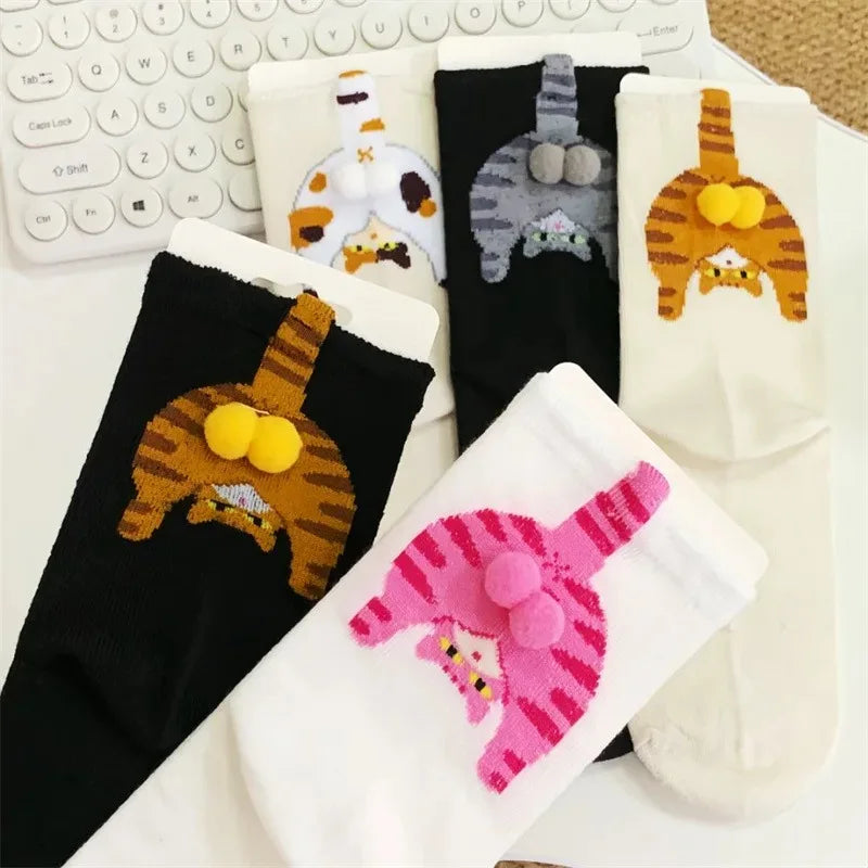 1-10Pairs Women 3D Cat Pattern Mid Calf Socks with Tail Soft Breathable Fashionable Casual Party Daily Birthday Gift Vue