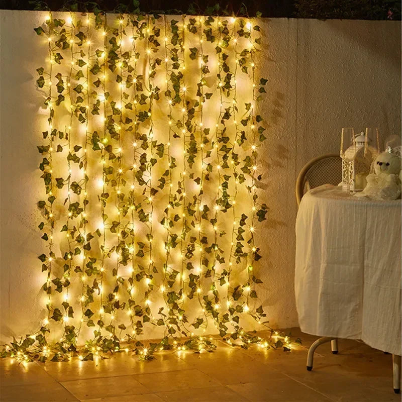 10M Green Leaf String Lights Powered By Artificial Batteries, Christmas Tree Wreath Lights Used for Courtyard Home Decoration Vue