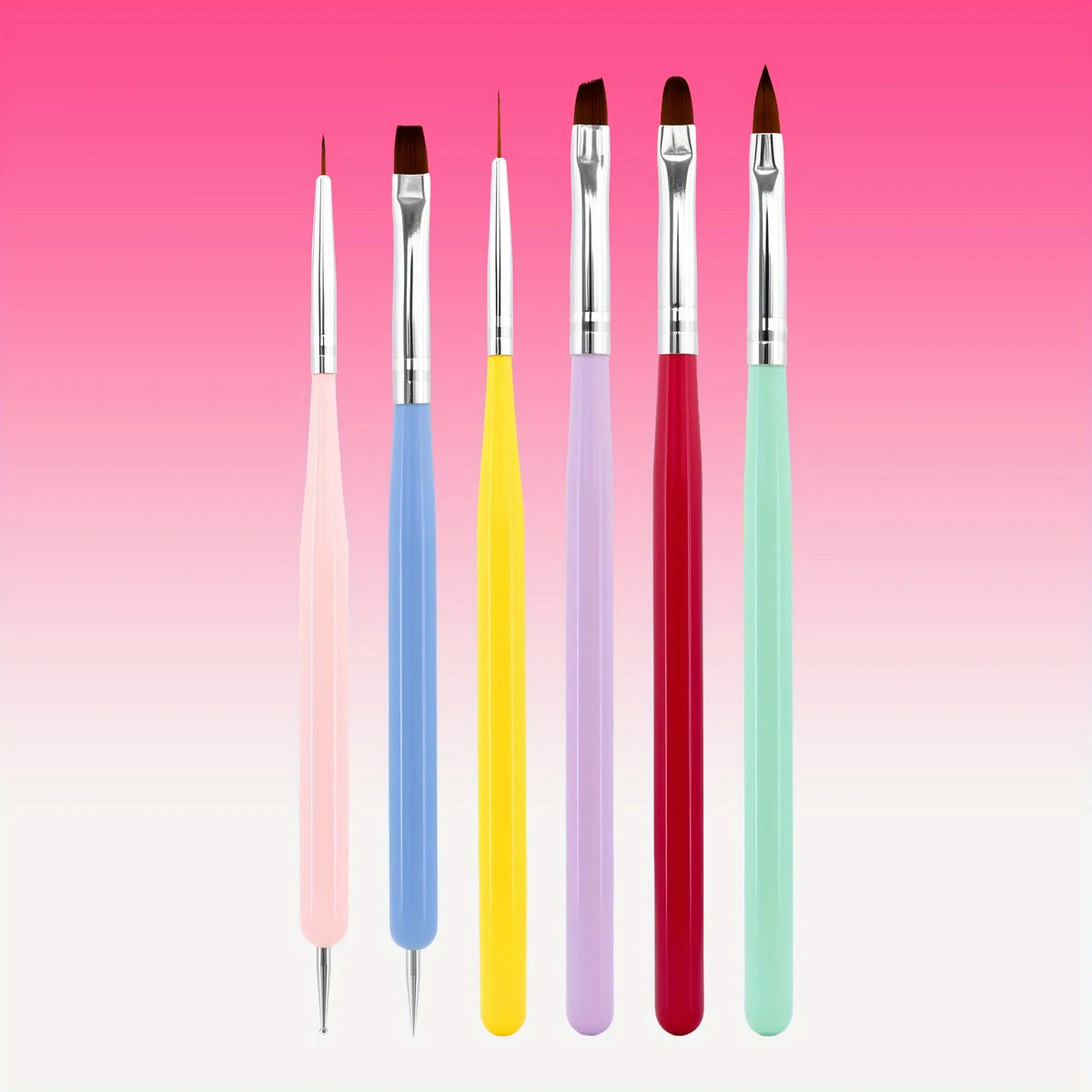 Gel Polish Nail Art Brushes Set - 6 Pcs, Gray, Wood Alloy Handle, Wood Head, Dotting Pen, Salon & DIY Nail Art Vue