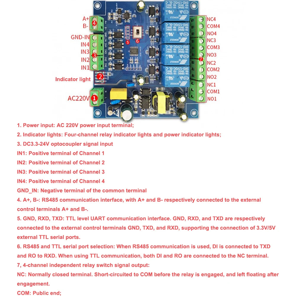 Modbus RTU Four-channel Relay Module AC220V Power Supply Relay Board Support RS485/TTL UART Interface/Power Failure Preservation Vue