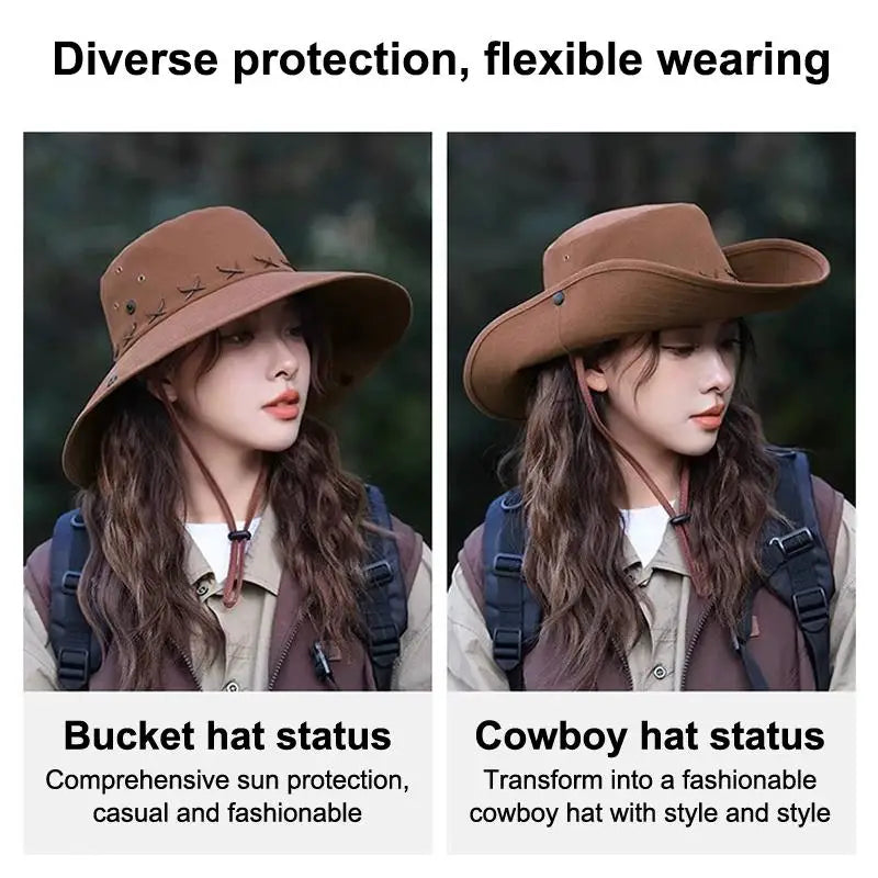 Breathable Western Cowboy Hat Solid Color Adjustable Wide Brim Sun Hat Outdoor Mountaineering Fisherman Sunshade Cap Travel 1PC Vue