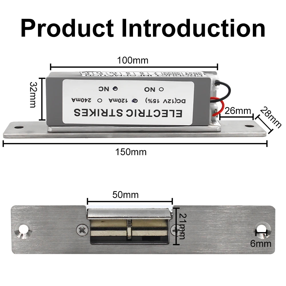 DC 12V Electric Strike Lock Electronic Door Lock Fail Secure Or Fail Safe NO/NC 1000KG Holding Force 44Mm Lock Tongue Cylinder Vue