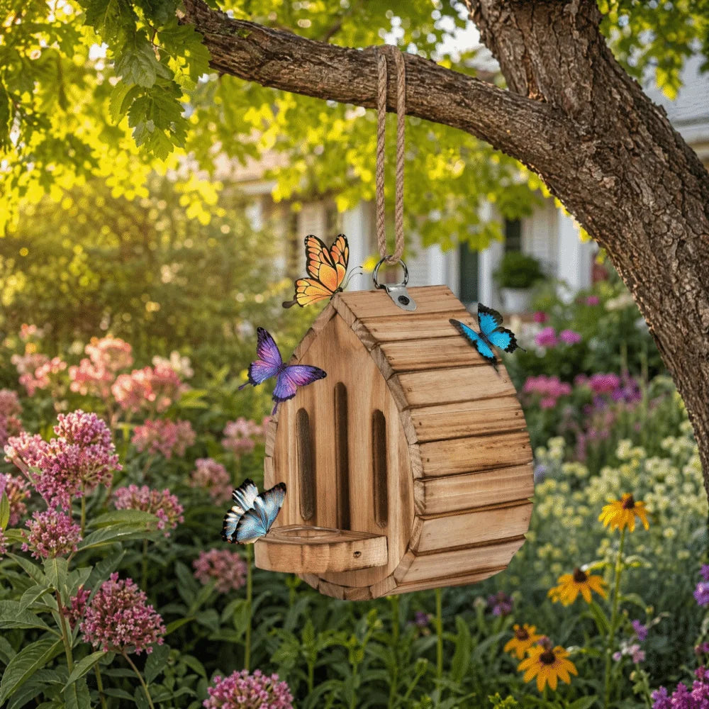 Home Decor Wooden Butterfly House Natural Habitat Hanging Pollinator House 2In1 Decorative Moth Habitat Outdoor Vue