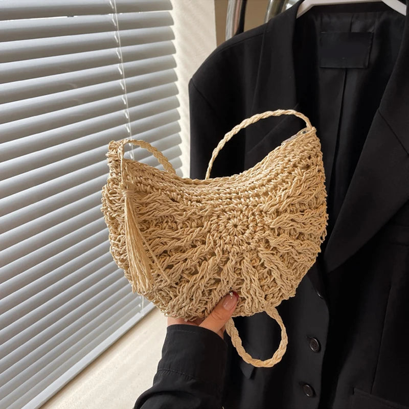 Half Round Straw Bag Women Summer Beach Rattan Shoulder Zipper Woven