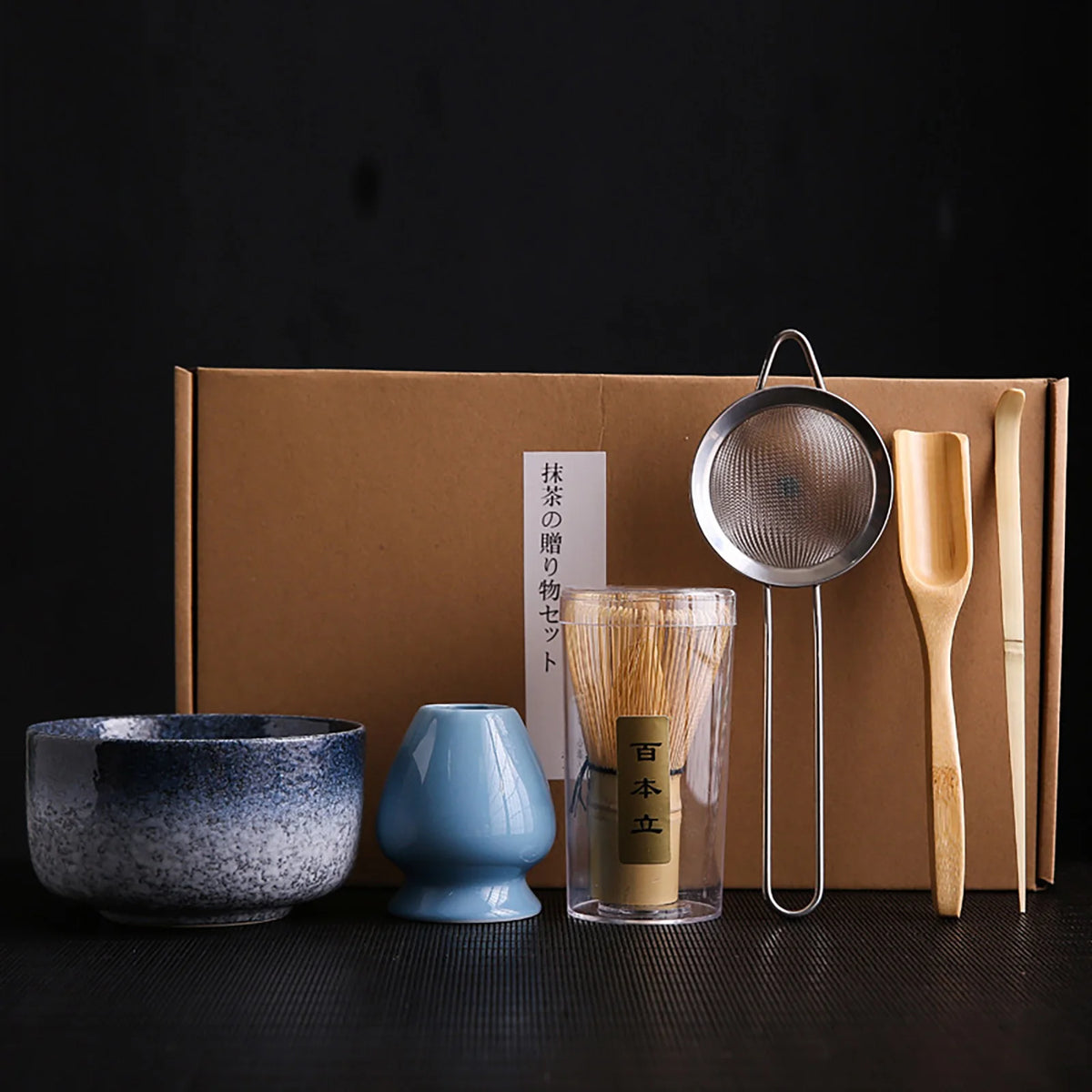 6Pcs/set Tea Whisk Brush Set Bamboo Matcha Whisk Scoop and Holder Matcha Bowl with Strainer Japanese Matcha Ceremony Accessory Vue Blue 6Pcs
