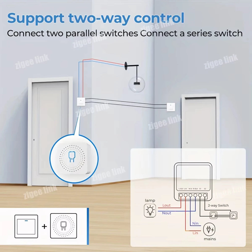 Zigbee3.0 WiFi Mini DIY Smart Breaker 2-Way Control Relay Module Wireless Timing Voice Control Smart Home Automation Accessory Vue