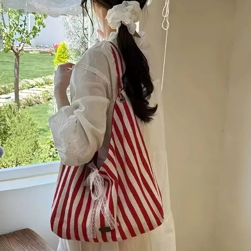 Stripe Hobo Bag Women Lace Bow Decor Canvas Tote Reversible Shoulder