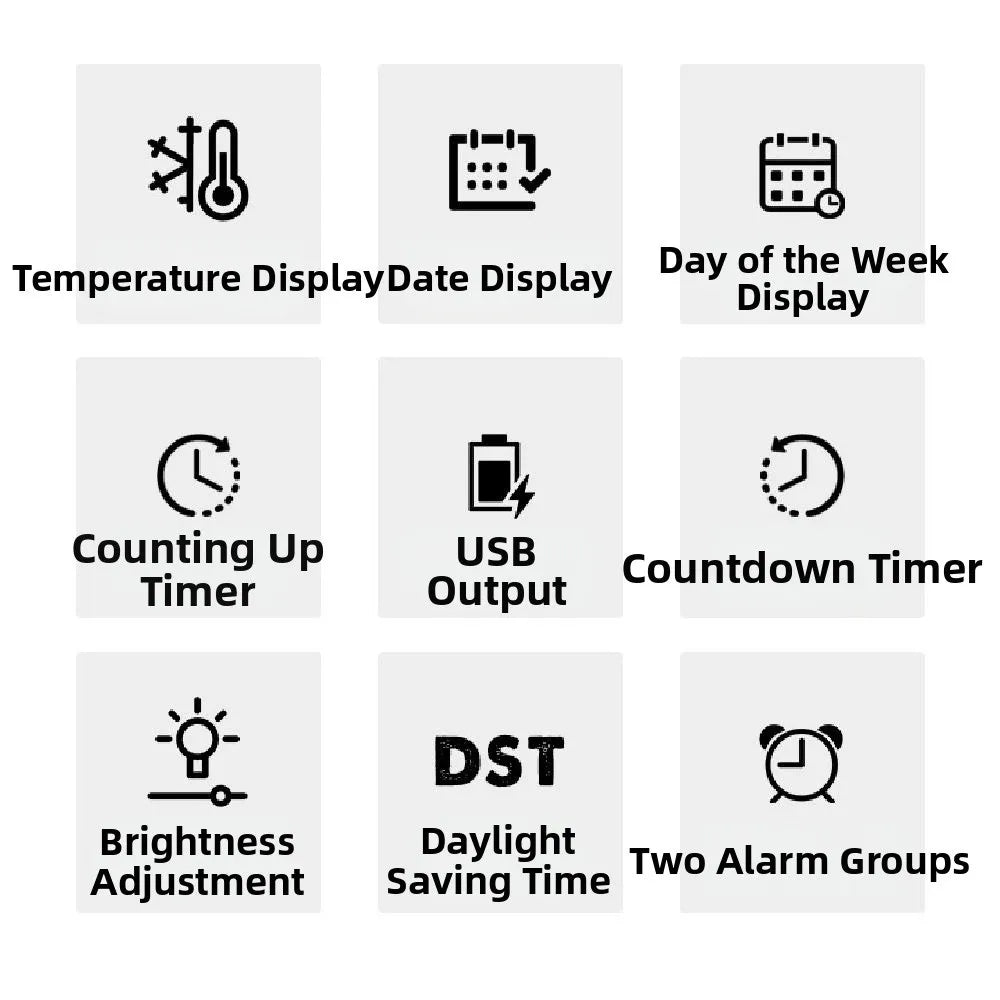 12/24H Format LED Electronic Clock 2 Alarms 3 Levels Brightness Alarm Clock Temperature Display Auto-Dimmer Large Digital Clock Vue