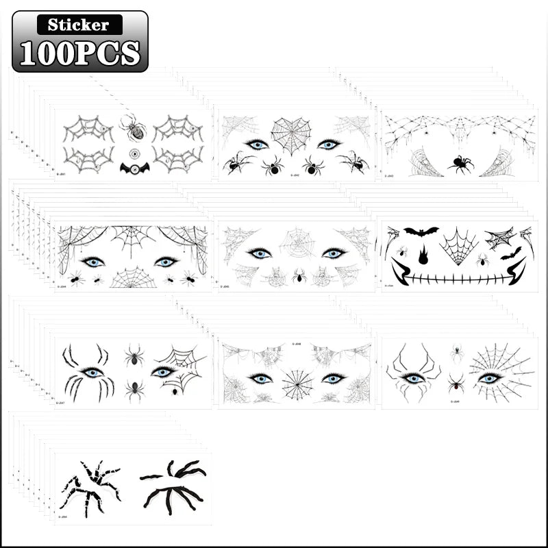 10-100PCS Halloween Scary Spider Face Tattoo Black Bat Design Temporary Body Art Sticker for Kids Adults One Time Use Waterproo Vue 100PCS