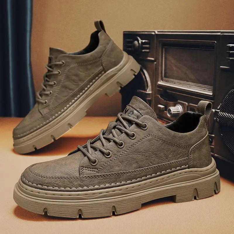 Men's Retro Low Top PU Leather Work Boots – Lace-Up Casual Men's Casual Boots Vue Khaki 41