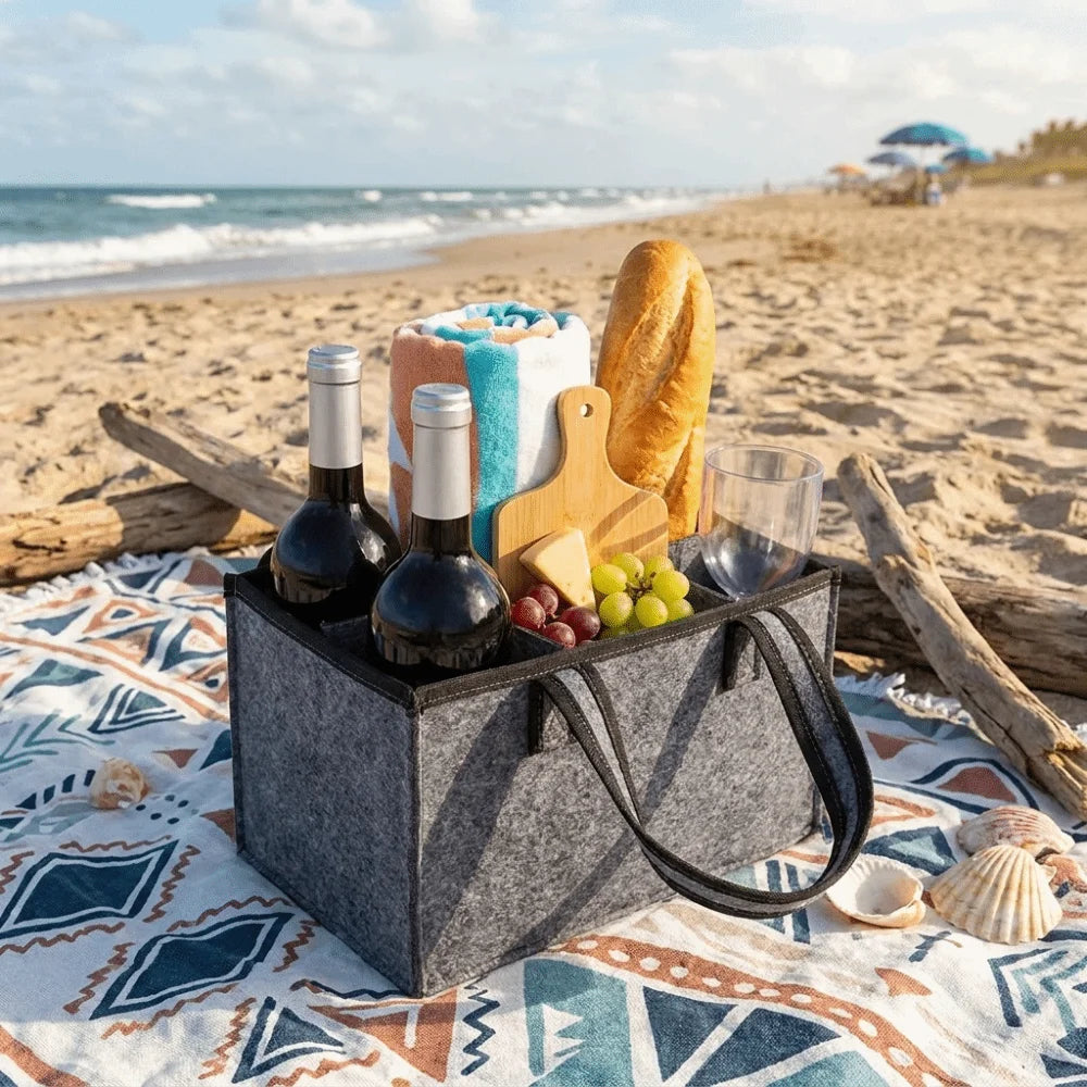 Portable 6 Compartments Wine Bottle Holder Bag Washable Multi-Purpose Felt Bottle Holder with Handle Wine Bottle Carrier Wedding Vue