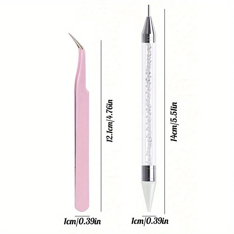 2Pcs set of manicure double-ended diamond pens with crayons stainless steel tweezers nail art grafting eyelashes manicure tools Vue Pink White
