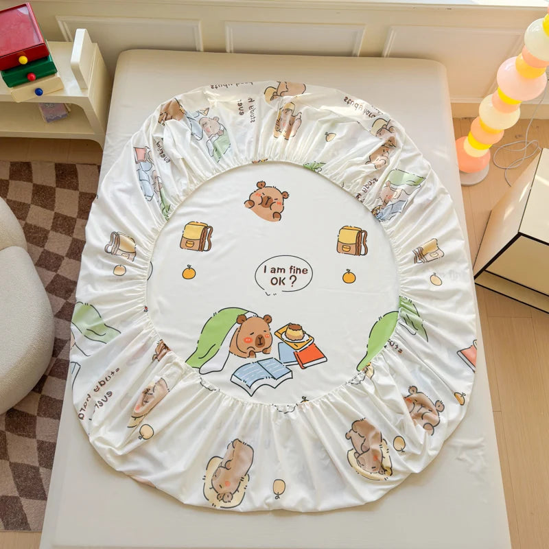 Cartoon Capybara Pattern Fitted Sheet Brushed Microfiber Single Double Mattress Cover Queen Non Slip Bed Sheet with Elastic Band Vue