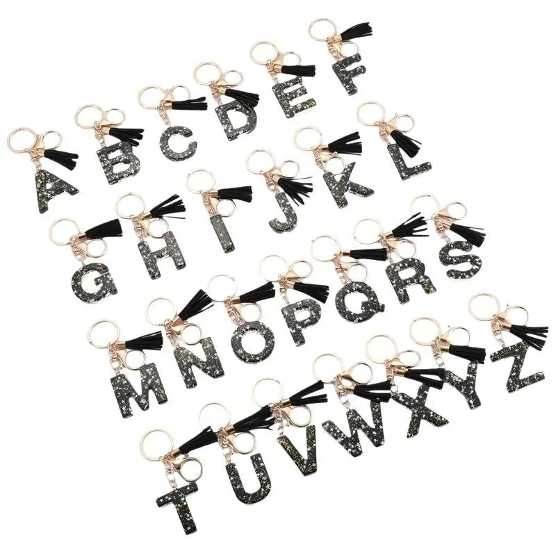 Black Glitter Star Sequins Resin 26 Letters Keychain Initials A-Z Keyring Tassel Charm Accessories Backpack Hanging Decoration Vue