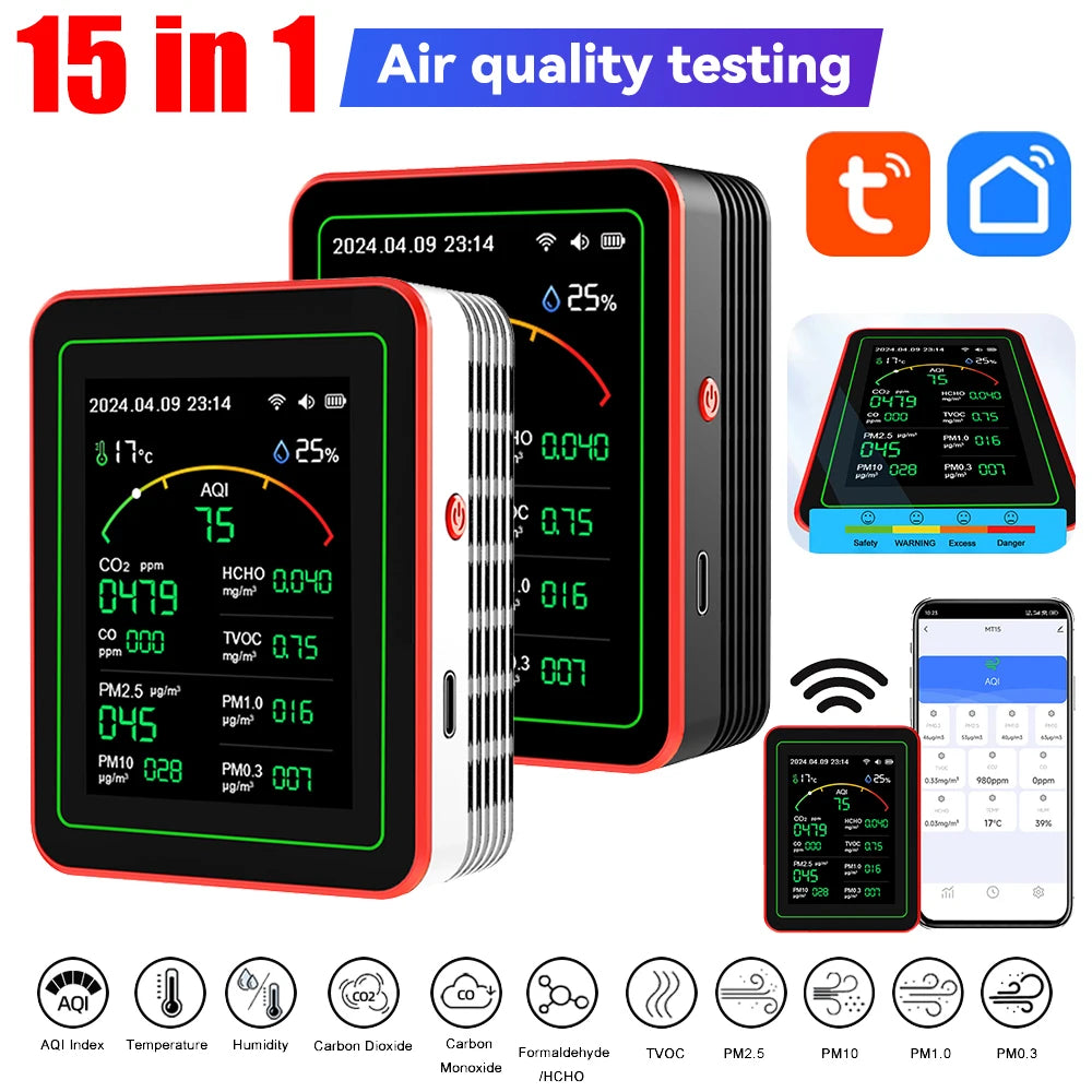 WiFi 15 in 1 Air Quality Detector TFT Display Indoor Air Quality Monitor APP Control Portable AQI PM0.3 PM1.0 PM2.5 PM10 Tester Vue