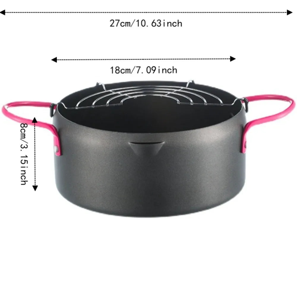 Japanese Style Pink Handle Tempura Fryer Pot with Oil Filter Rack Aluminum Alloy Deep Frying Pot Mini V Shape Outlet Vue