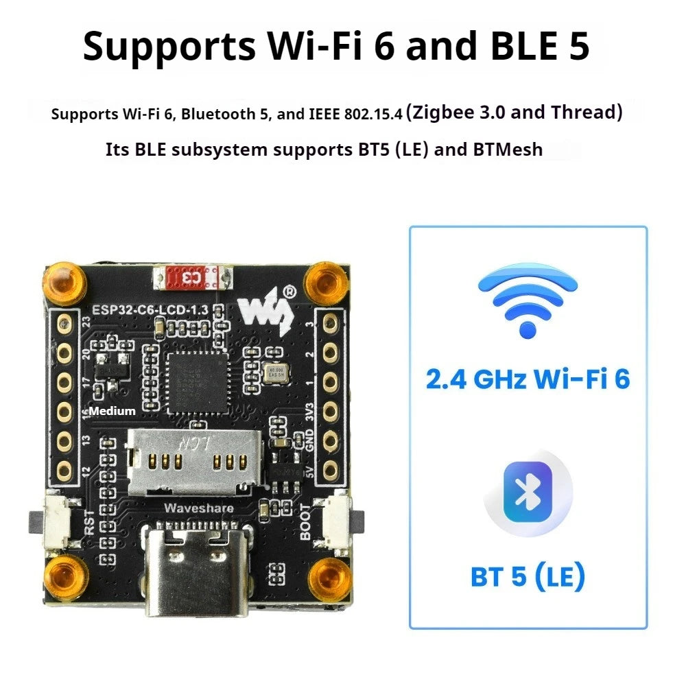 ESP32-C6 Development Board 1.3" 240x240 IPS LCD ST7789 WIFI6 BLE5 RISC-V 32-bit Single Core QMI8658 6-Axis IMU Type-C Smart Home Vue