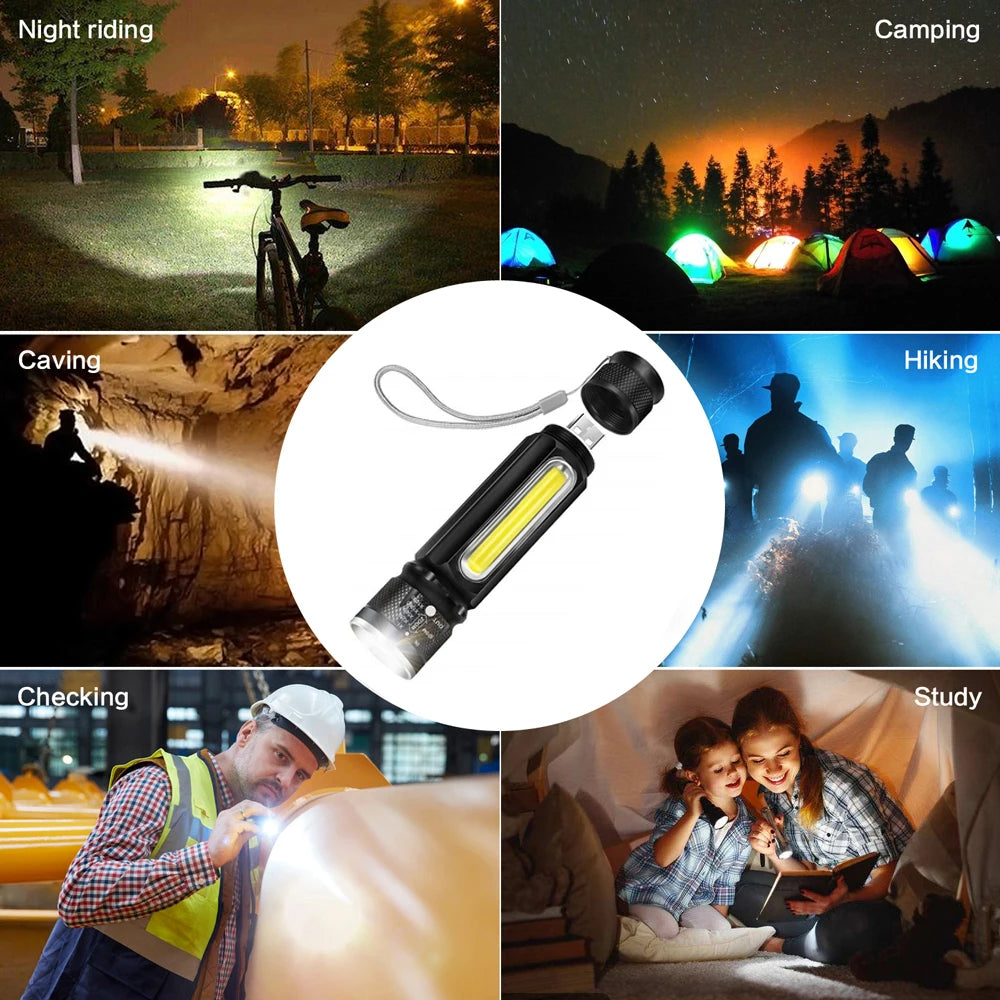 USB T6 Strong Light LED Rechargeable Flashlight Magnetic Torch Lanter Zoomable Flashlight COB Zoom Highlight Outdoor Lighting Vue