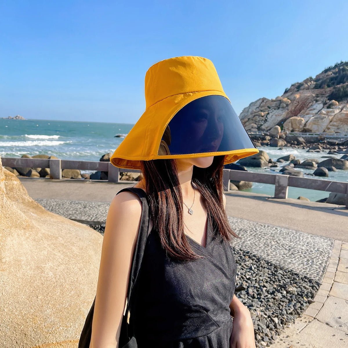 Wide Brim Full Face Cover Bucket Hat for Women Summer Fashion UV Protection Sun Hat with Visor Flap Fisherman Cap Outdoor Vue Yellow M 56-58cm