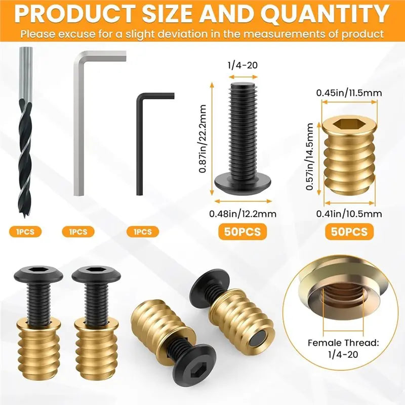 ABKW-50 Sets 1/4-20 X 19/32" Threaded Insert And Bolt For Wood, Hex Socket Drive Furniture Screw Nut Assortment Kits Vue