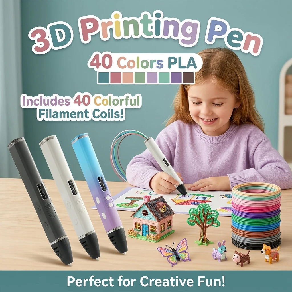 3D Doodle Pen OLED Display,3 Adjust Speed,Detachable Type-C,40 Colors PLA Filament 3D Printing Pen Kids DIY Craft Holiday Gifts Vue