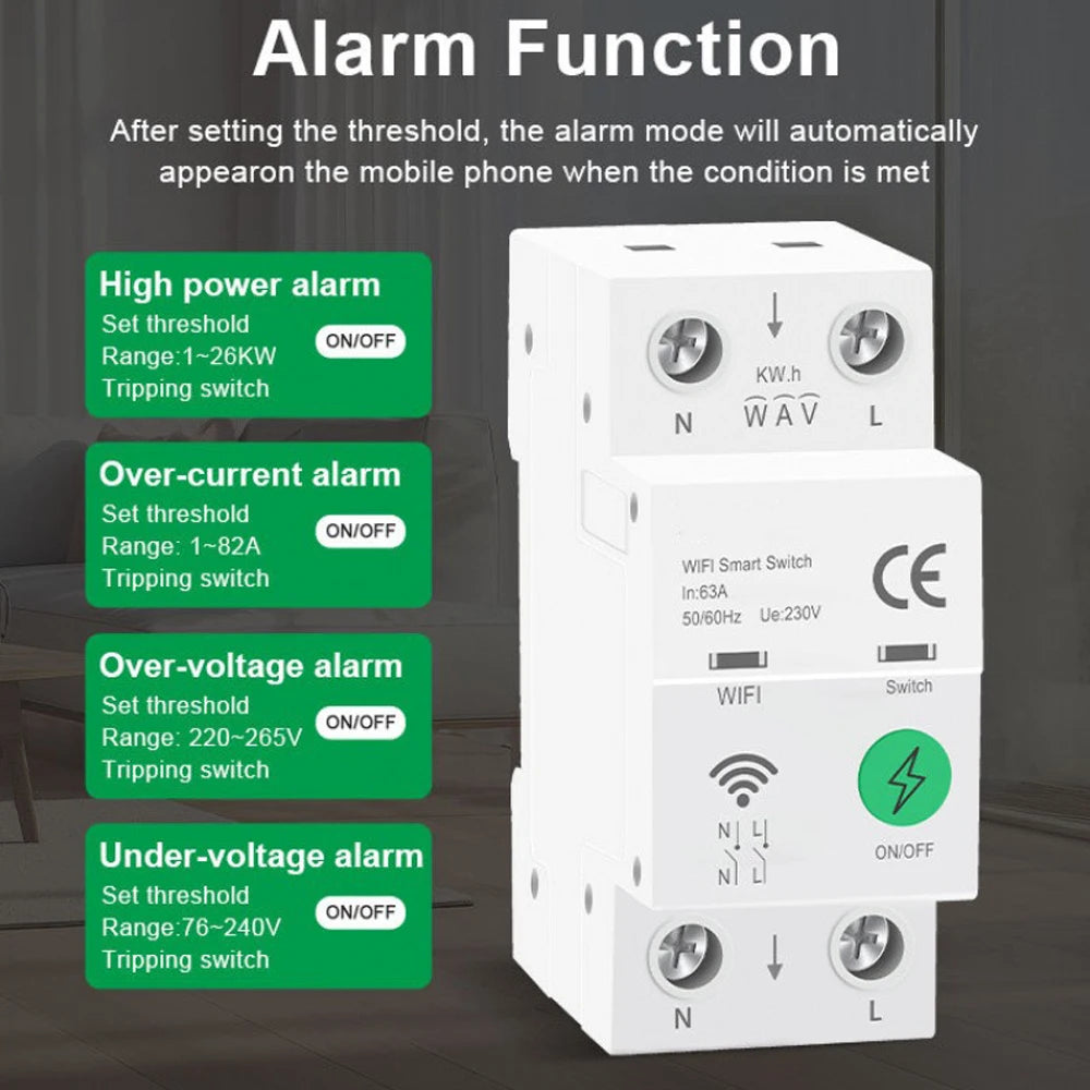 2P 63A Tuya WiFi Smart Circuit Breaker DIN Rail Overload Protection APP Remote Voice Control Timer Switch Works with Smart Life Vue