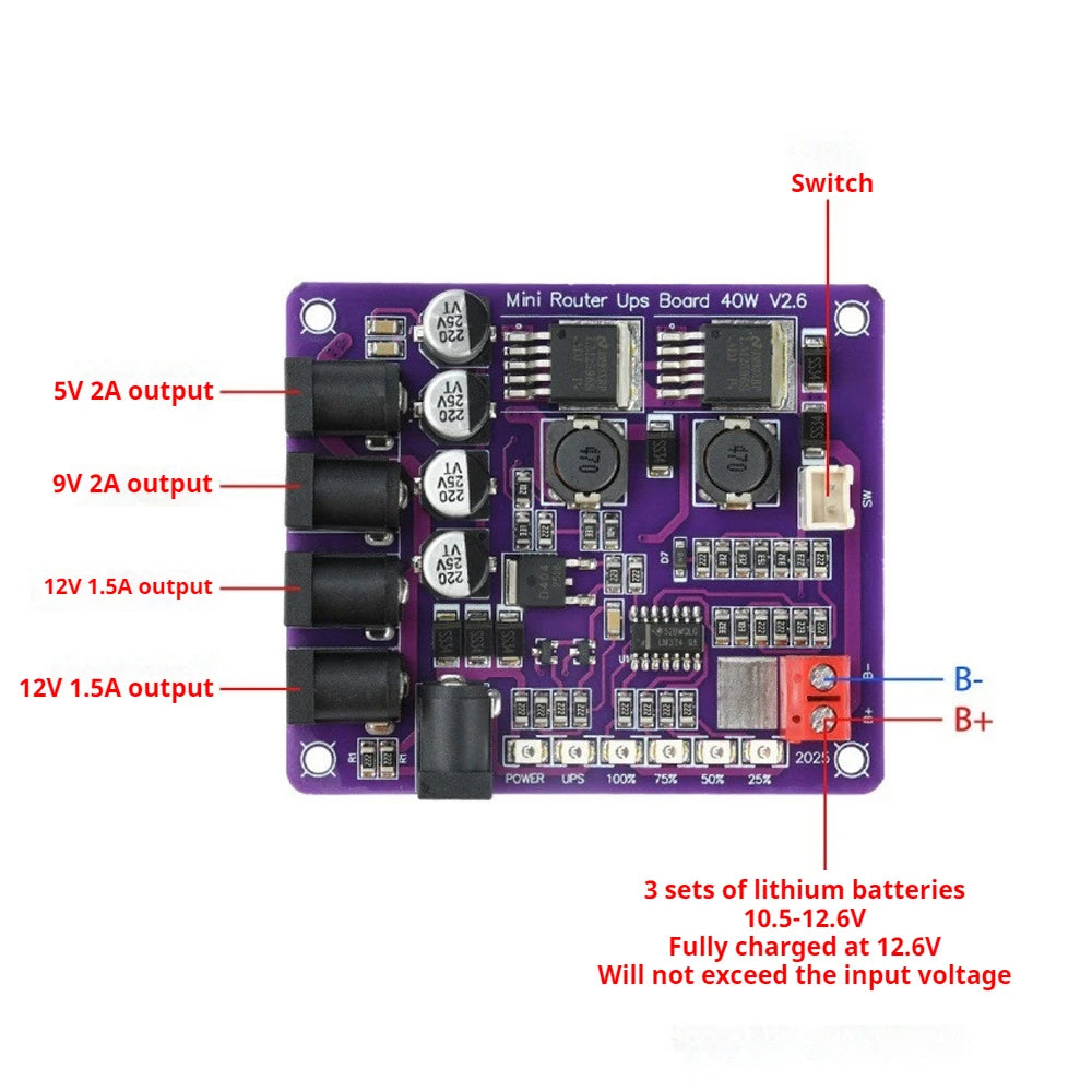 4-Channel Output UPS Power Module 40W Battery Charging Board Uninterruptible Power Supply with Charge Percentage Indicator Vue