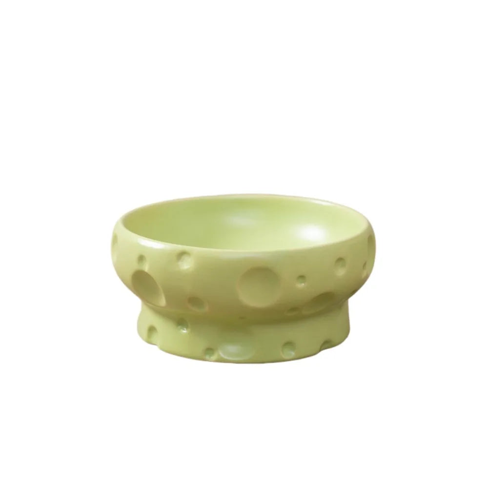 Cute Creative Large Diameter Elevated Cat Bowl Anti-knock Cheese Shape High Foot Bowl Anti-spill Ceramic Water Bowl Indoor Use Vue StyleB Green