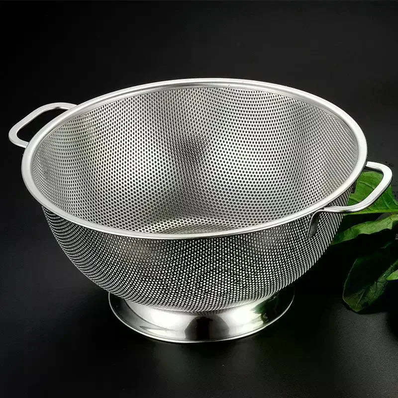 Stainless Steel Colander With Double Handle Food Pasta Strainer Basket With Self-draining Solid Ring Base Fine Mesh Filter Vue