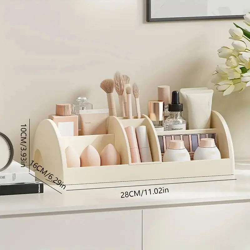 Large Capacity Cosmetic Tools Organizer with Adjustable Divider Makeup Brushes Storage Box with Drawer For Skincare Lipstick Vue Cream White