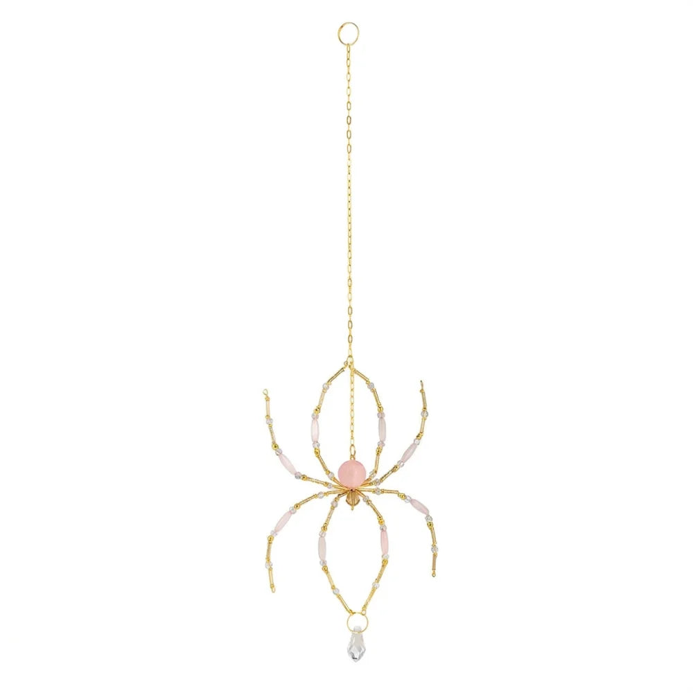 Eight-Leg Spider Shape Crystal Spider Sun Catcher Handmade Gold-Tone Chain Garden Spider Pendant Light Refracting Beaded Wire Vue Pink