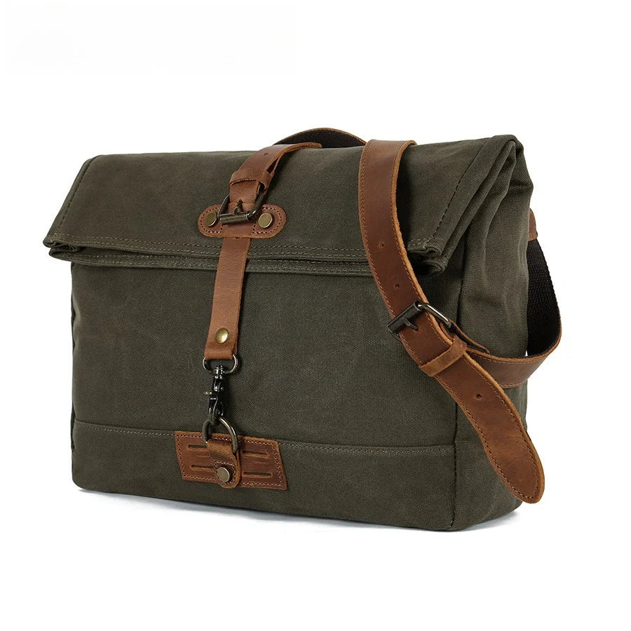 New Retro Canvas Messenger Bag with Mad Horse Leather Casual Large-capacity Messenger Bag Outdoor Commuter Flip Canvas Bag Vue Army green
