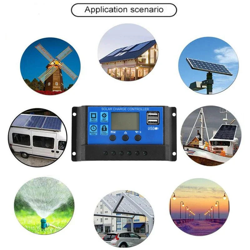 Solar Charge Controller 12V/24V PWM 10A 20A 30A 40A 60A with Adjustable LCD Display Dual USB Port Timer Setting Auto Parameter Vue