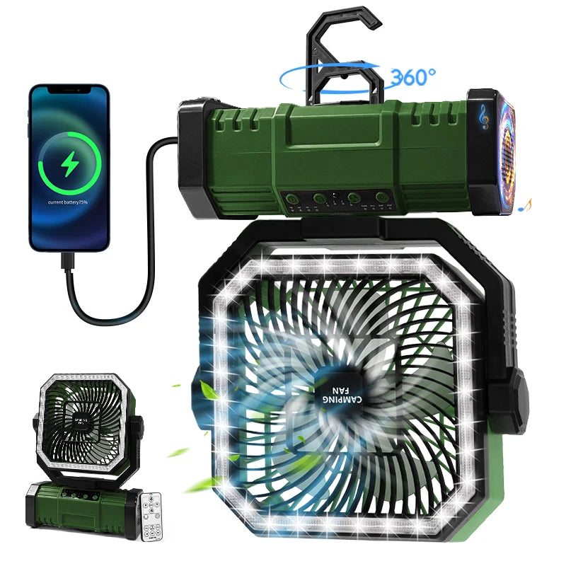 Portable Camping Fan 3-in-1 20000mAh Rechargeable Battery Powered Fan with Light Remote & Hook for Outdoor Travel Camping Tent Vue Green-Standard