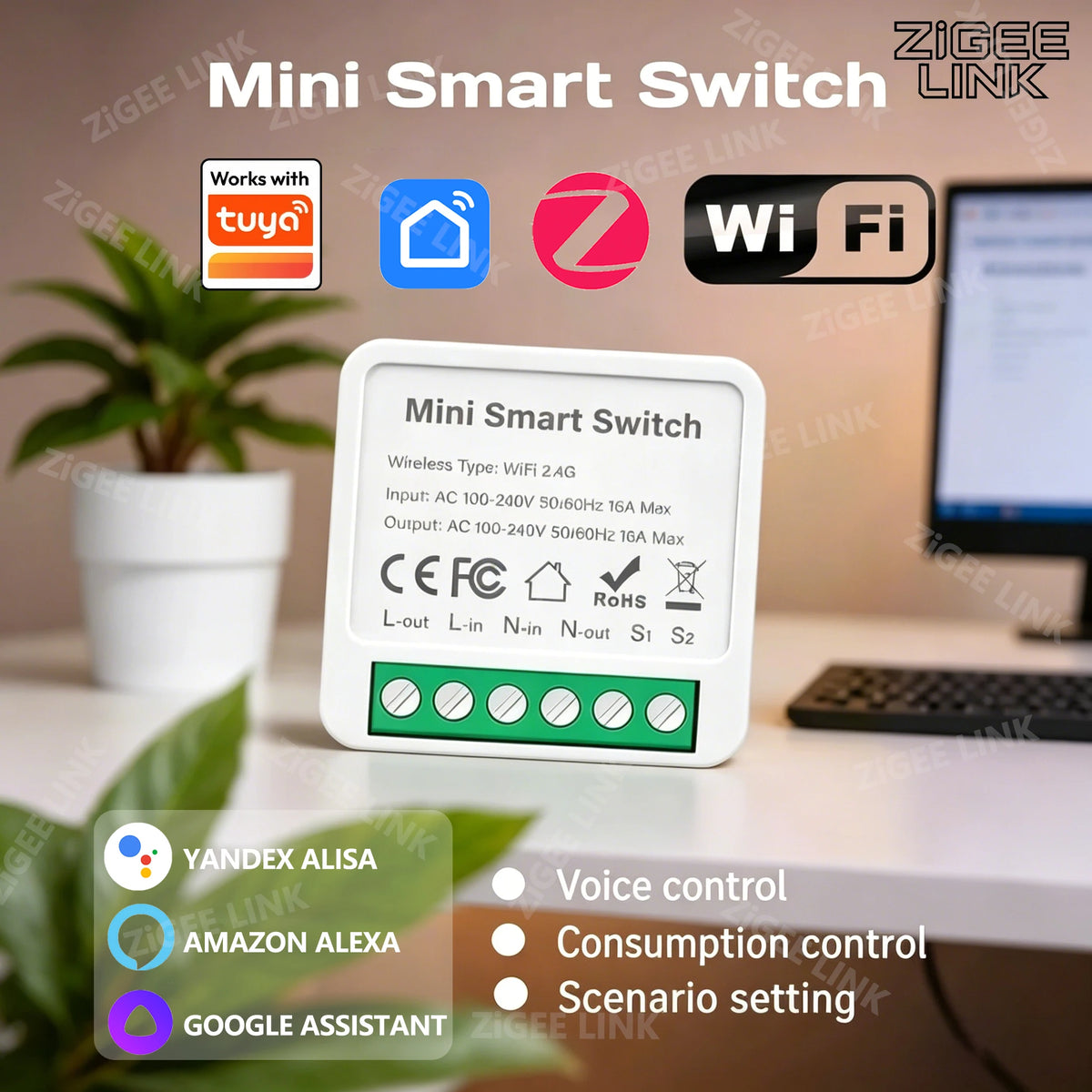 Mini Smart Switch WiFi or Zigbee 3.0 Version 2-Way Control Home Automation App Remote Timing Support Tuya Alexa Google Assistant Vue