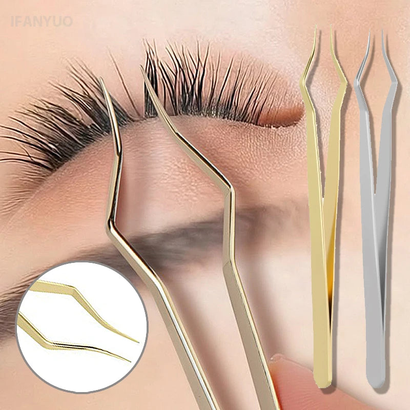 Square Curved Tip Tweezers Lash Extension Tweezers High Precision Silver Gold Stainless Steel Anti Slip Quick-Separator Tools Vue