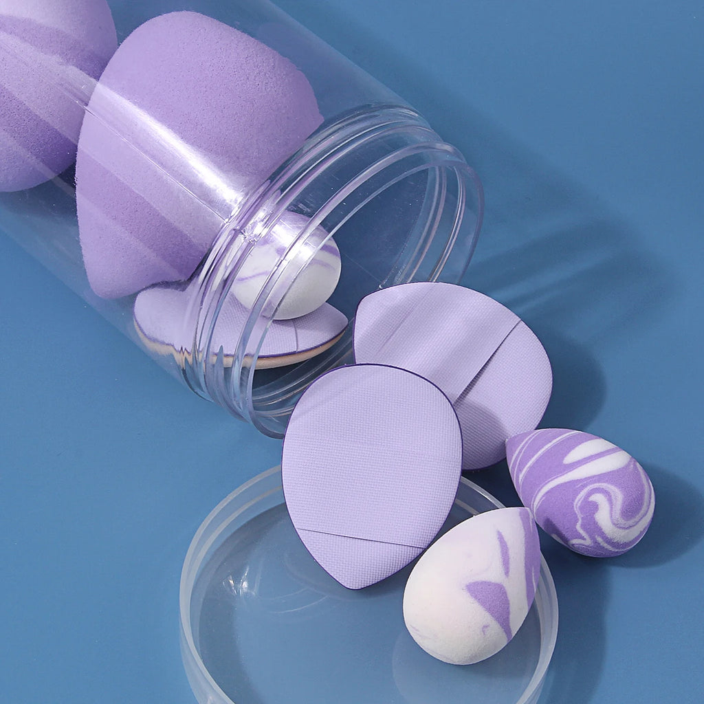 8Pcs Purple Makeup Sponge & Powder Puff Set Large Mini Teardrop Beauty Puff Triangle Makeup Puffs With Clear Storage Jar Foundat Vue