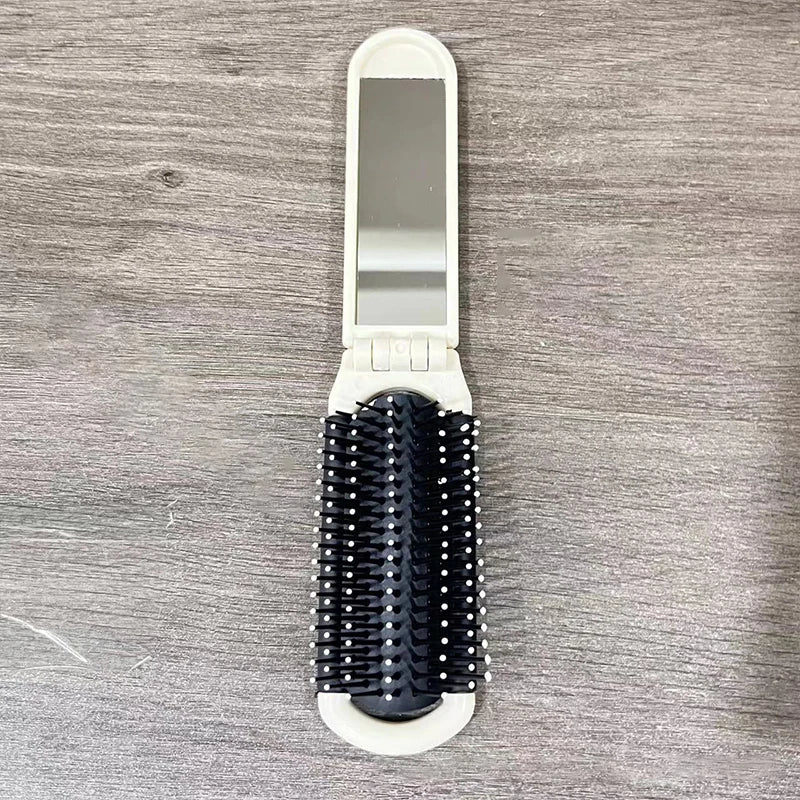 Portable Travel Mini Hair Brush Folding Massage Comb Head Massage Anti-Static Hair Brush Girl Hair Combs With Mirror Vue White