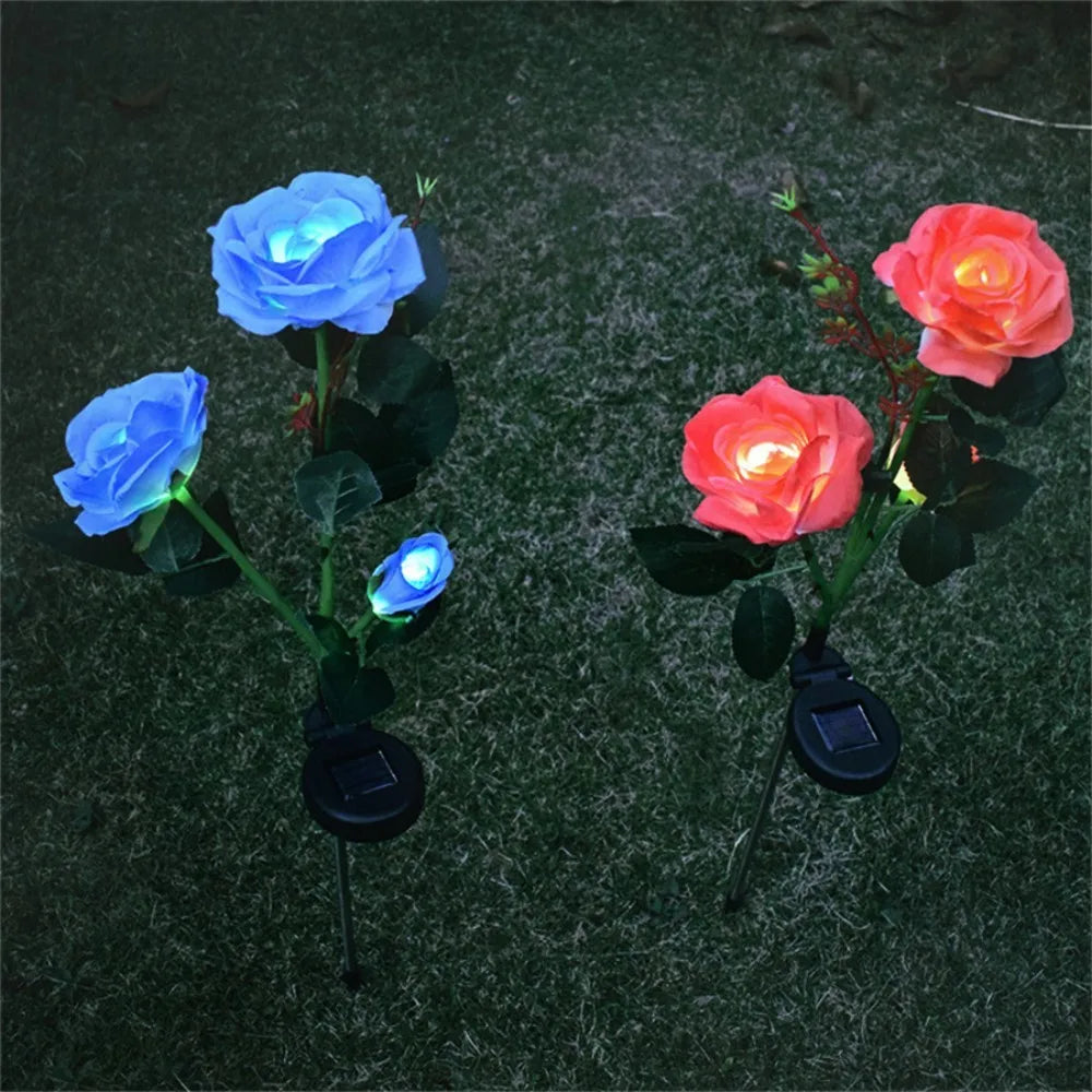 1PC Solar 3 Heads Rose Lights,Outdoor Artificial Flower LED Garden Lamp,Waterproof Landscape Stake Light,Patio Yard Home Decor Vue