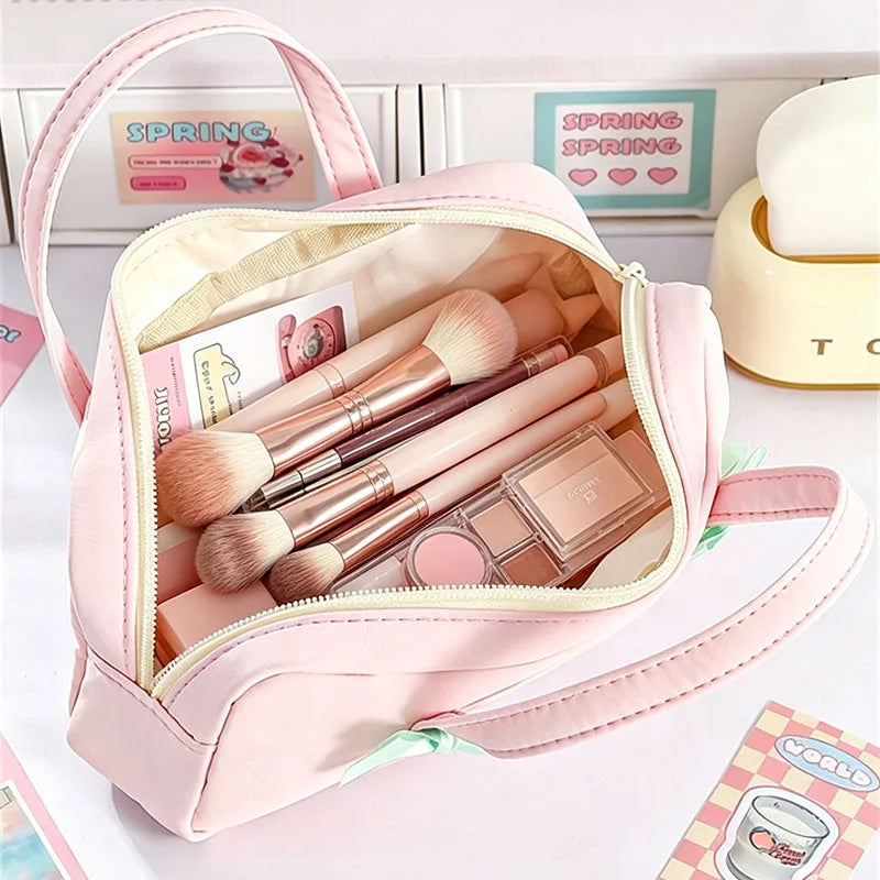 Pastel Kawaii Kitten Embroidery Cosmetic Tools Bag with Handle Double Bow Design Large Capacity Oxford Cloth Makeup Brush Holder Vue