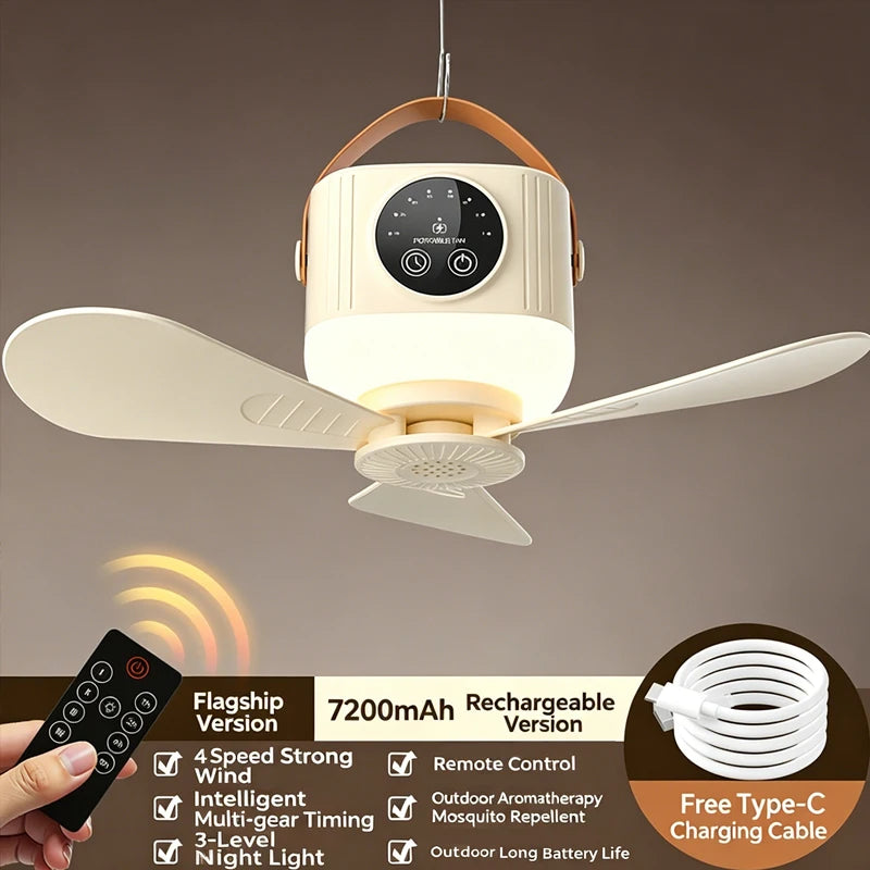 7200mAh Portable Rechargeable Ceiling Fan Wireless USB Hanging Fan Night Light for Student Dorm Bed Outdoor Camping Vue