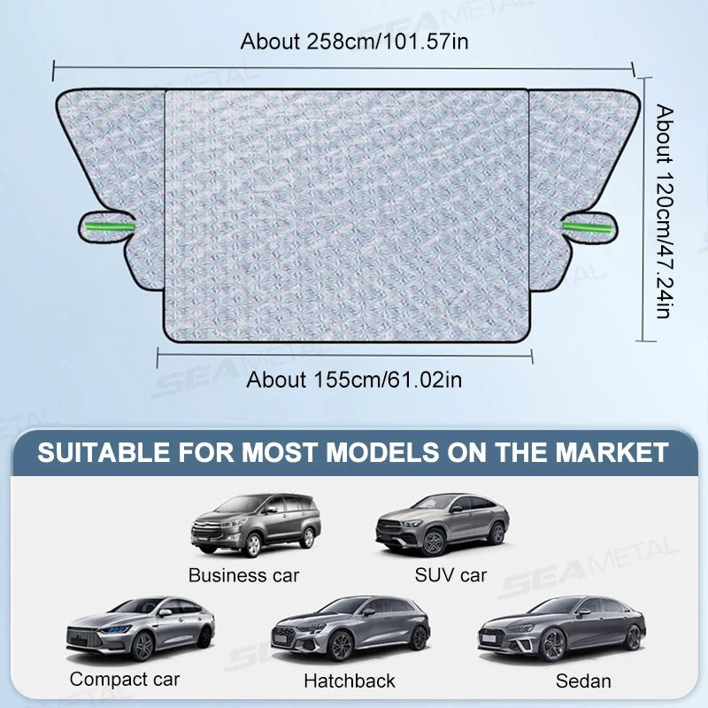 SEAMETAL Car Windshield Cover Winter Snow Shield Sun Shade Protector Magnetic Front Window Anti Snow Cover with Windproof Strap Vue