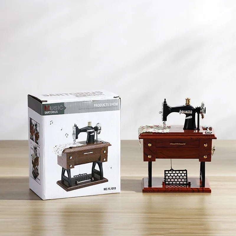 Vintage Mini Sewing Machine Music Box Treadle Sewing Machine Table Desk Ornament Mechanical Clockwork Music Box for Home Decor Vue WHITE