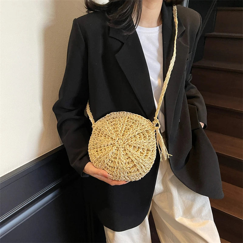 Rattan Woven Round Women Straw Bag Handbag Knit Summer Beach Woman