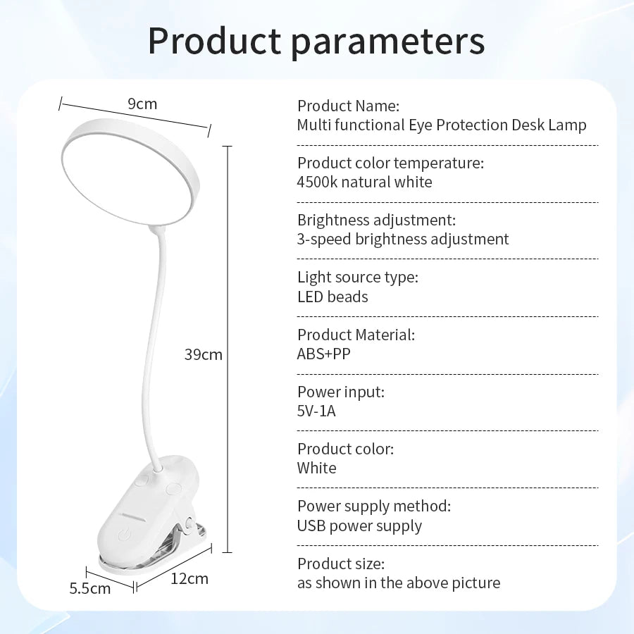 Portable Rechargeable Led Night Light Bedside Table Desk Lamp for Office Student Reading Book Eye Protection with Folding Clamp Vue