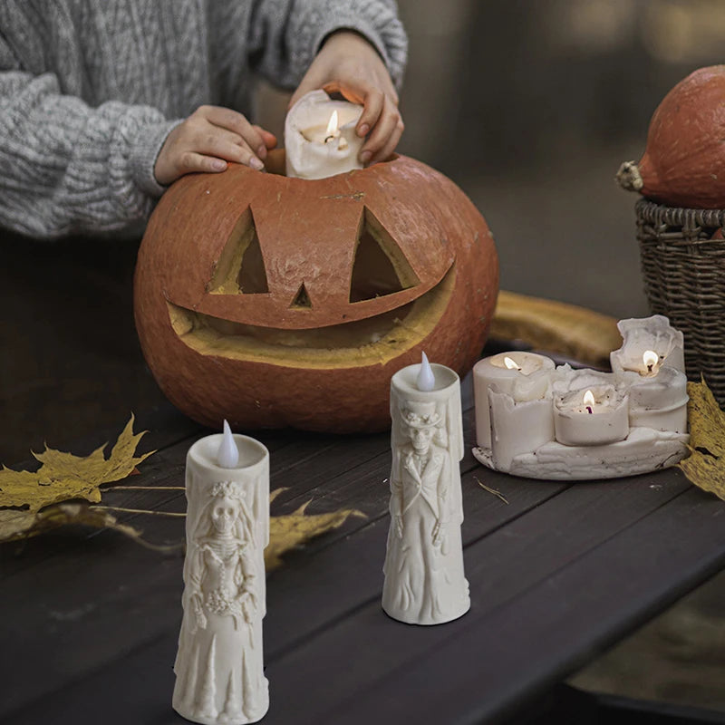 Halloween skull lights, LED glowing candles, spooky decorations, decorative props, ghost bride and groom, couple lamp ornaments Vue