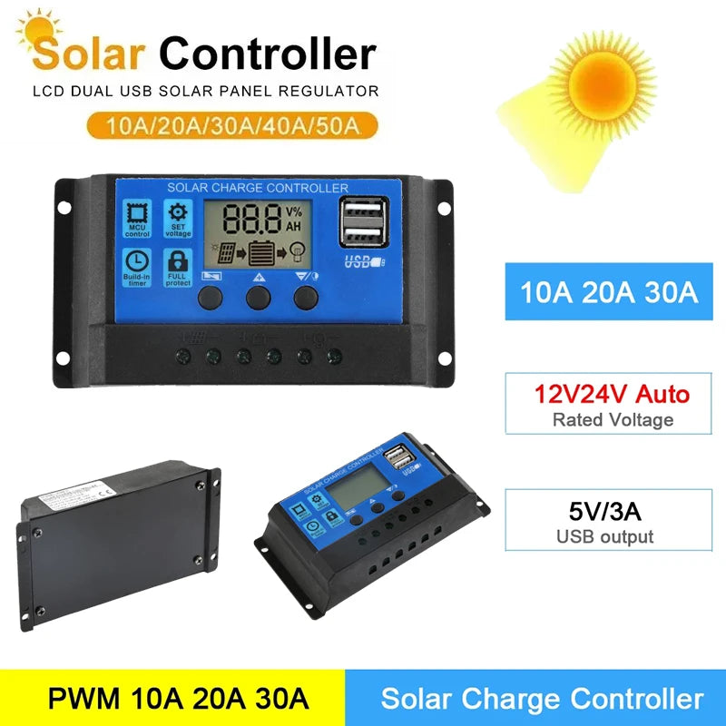 Solar Charge Controller 12V/24V PWM 10A 20A 30A 40A 60A with Adjustable LCD Display Dual USB Port Timer Setting Auto Parameter Vue 20A