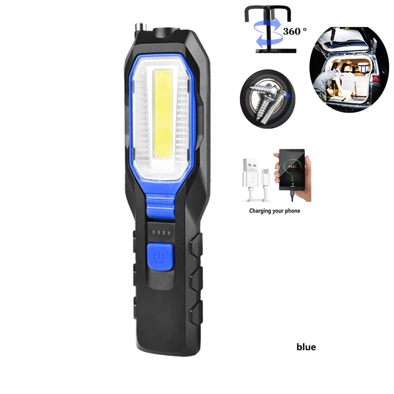 Portable COB LED Work Light Car Garage Mechanic Lamp USB Rechargeable Torch Outdoor Camping Emergency Light Warning Light Vue 07GDZ-blue